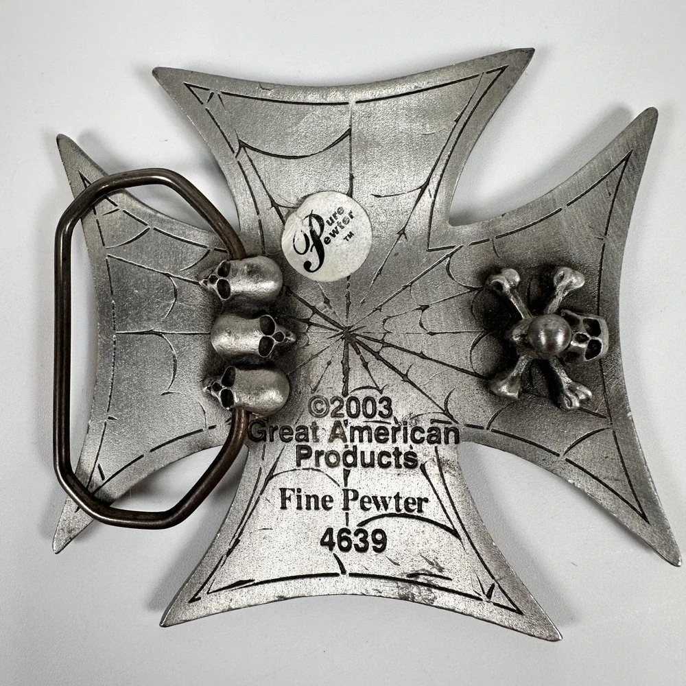 VTG BELT BUCKLE Spiderweb Iron Maltese Cross #4639 Pewter 2003 Black Skulls Goth